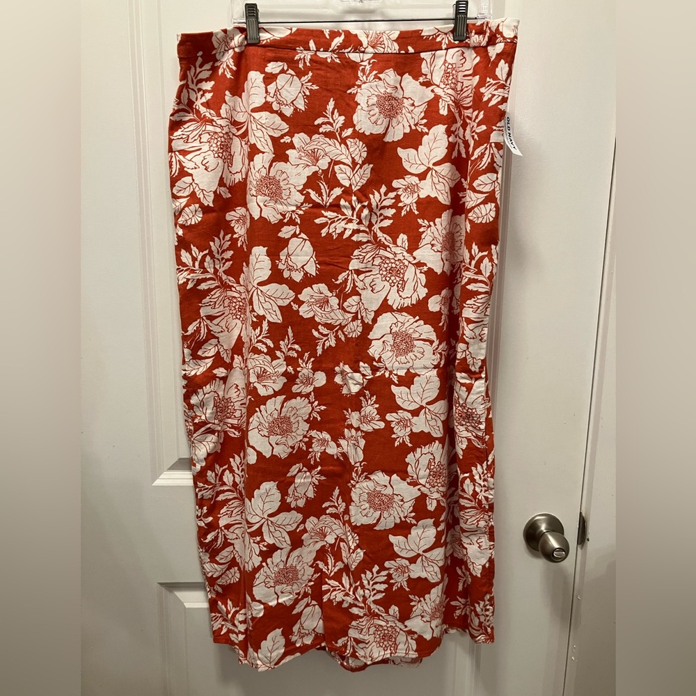 Old Navy Orange Floral Linen Blend Midi Skirt XL